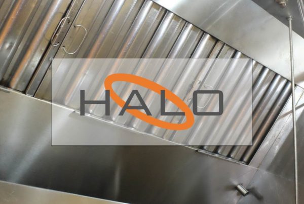 Image of a commercial kitchen exhaust system with the Halo logo