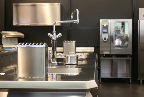 Stainless steel appliances in a commercial kitchen