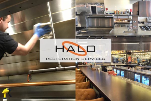 Cleaning vent hood, clean kitchen, clean bar area, Halo Restoration Services logo